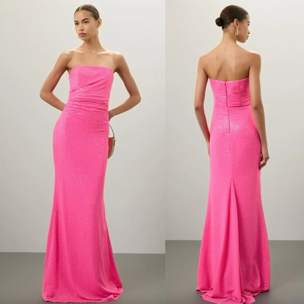 NISSA Sequin Maxi Dress in Hot Pink Sparkly Formal Strapless Barbie Gown 2 XS